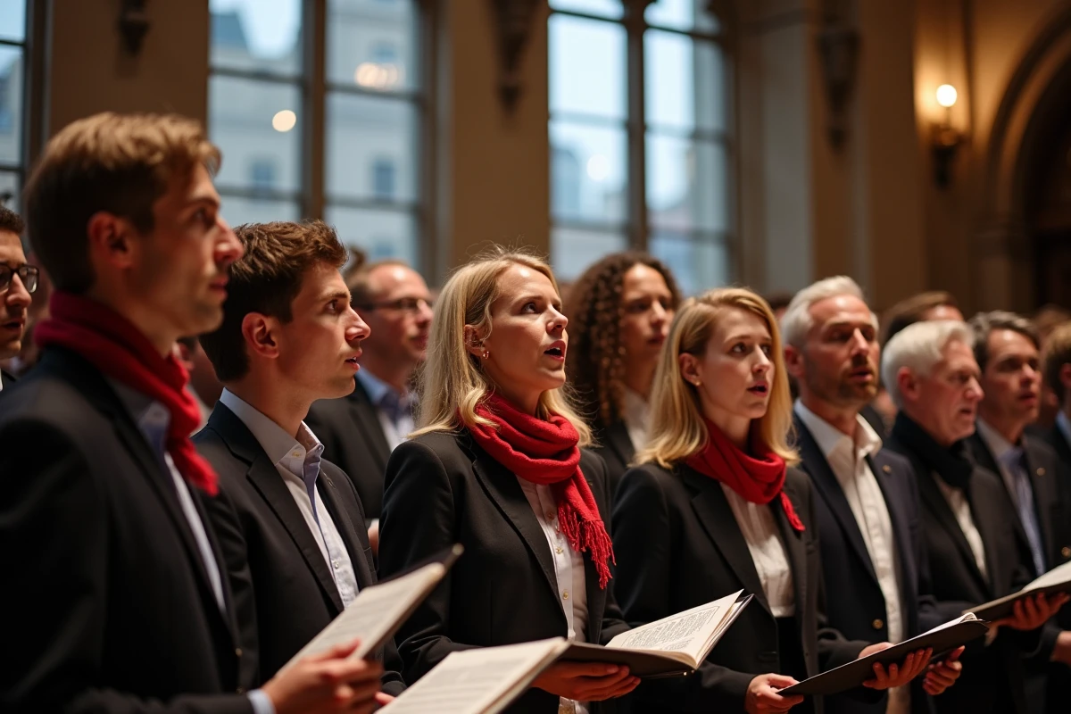 Choeur alsacien chantant La Strasbourgeoise dans une salle de concert historique de Strasbourg