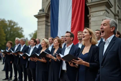 Chœur français chantant La Marseillaise devant un monument aux morts drapé du drapeau tricolore
