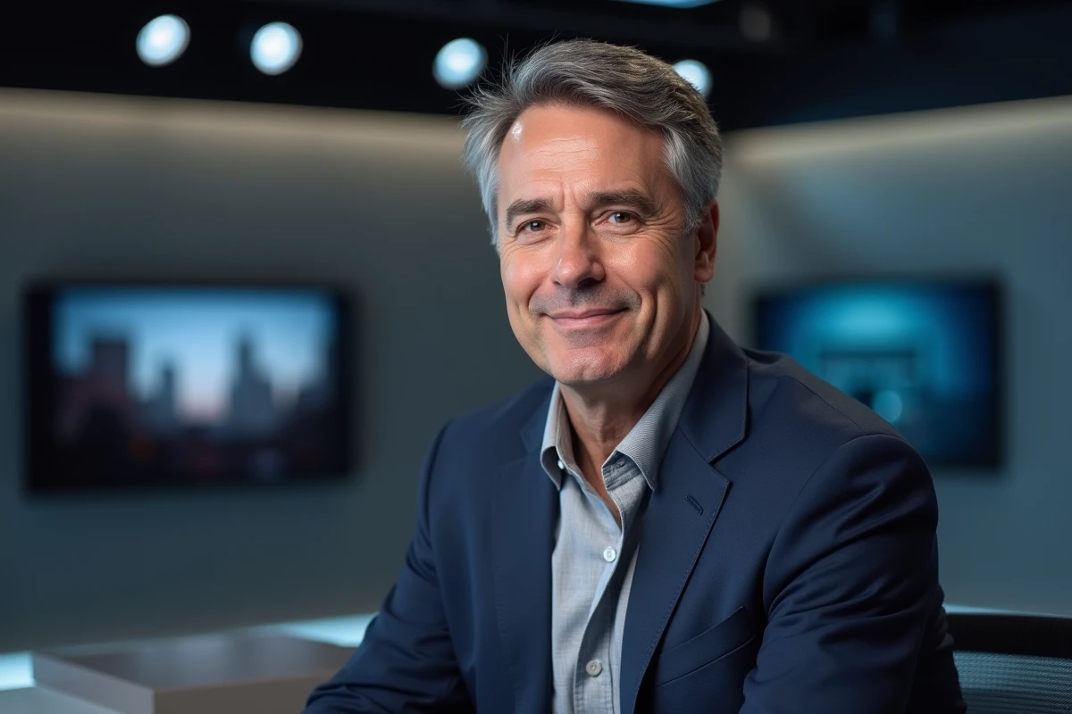 Chroniqueur de télévision assis au bureau d'un plateau de journal télévisé, portant un blazer marine, dans un contexte professionnel de studio de news