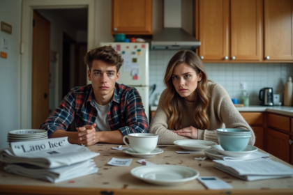 Deux jeunes adultes tendus dans une cuisine en désordre