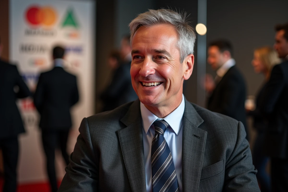 Commentateur de télévision français en veste anthracite interviewé lors d'un événement presse ou conférence médias, sourire naturel et attitude professionnelle