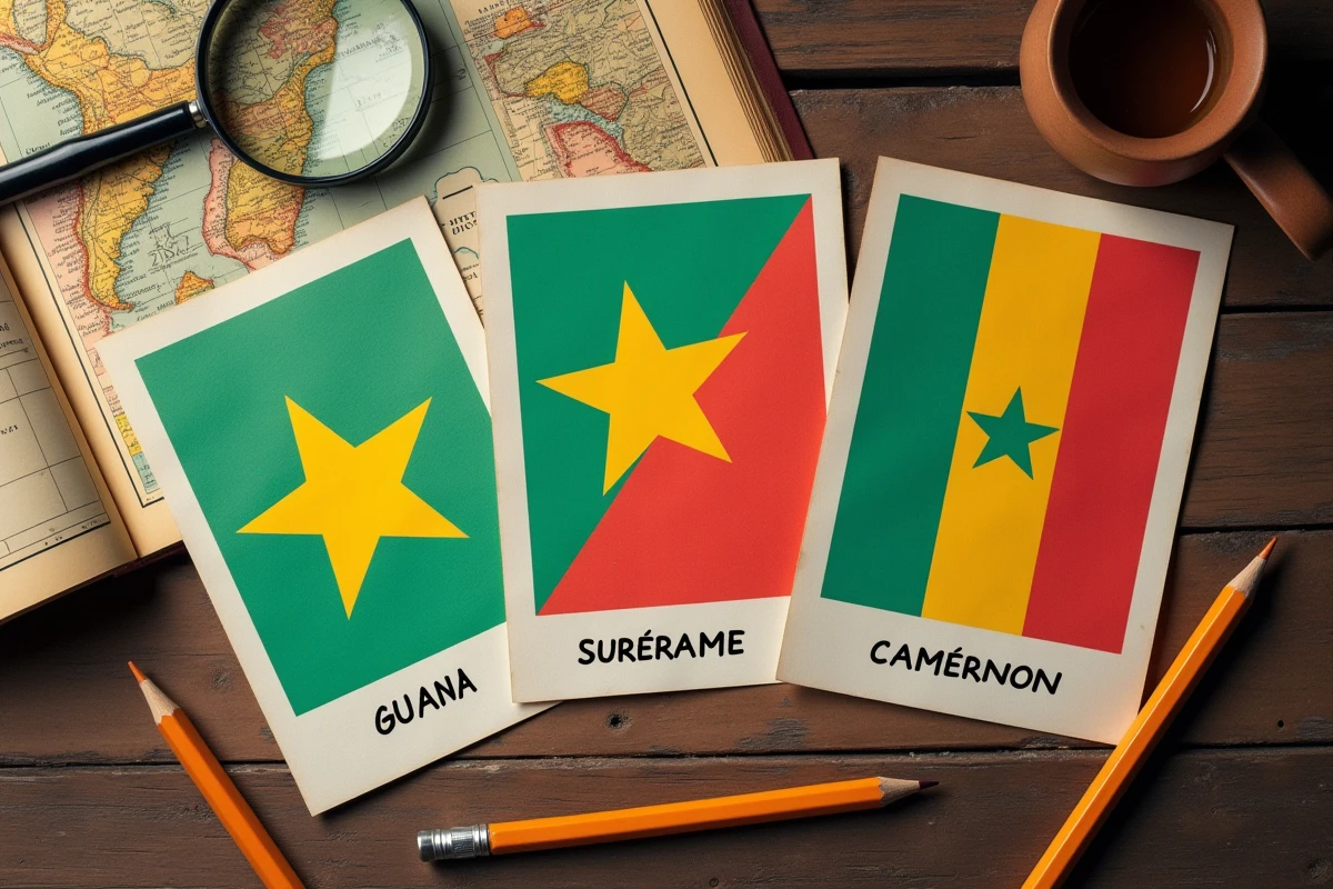 Vue rapprochée de cartes des drapeaux de Guyane, Suriname et Cameroun annotées sur une table en bois avec atlas et loupe