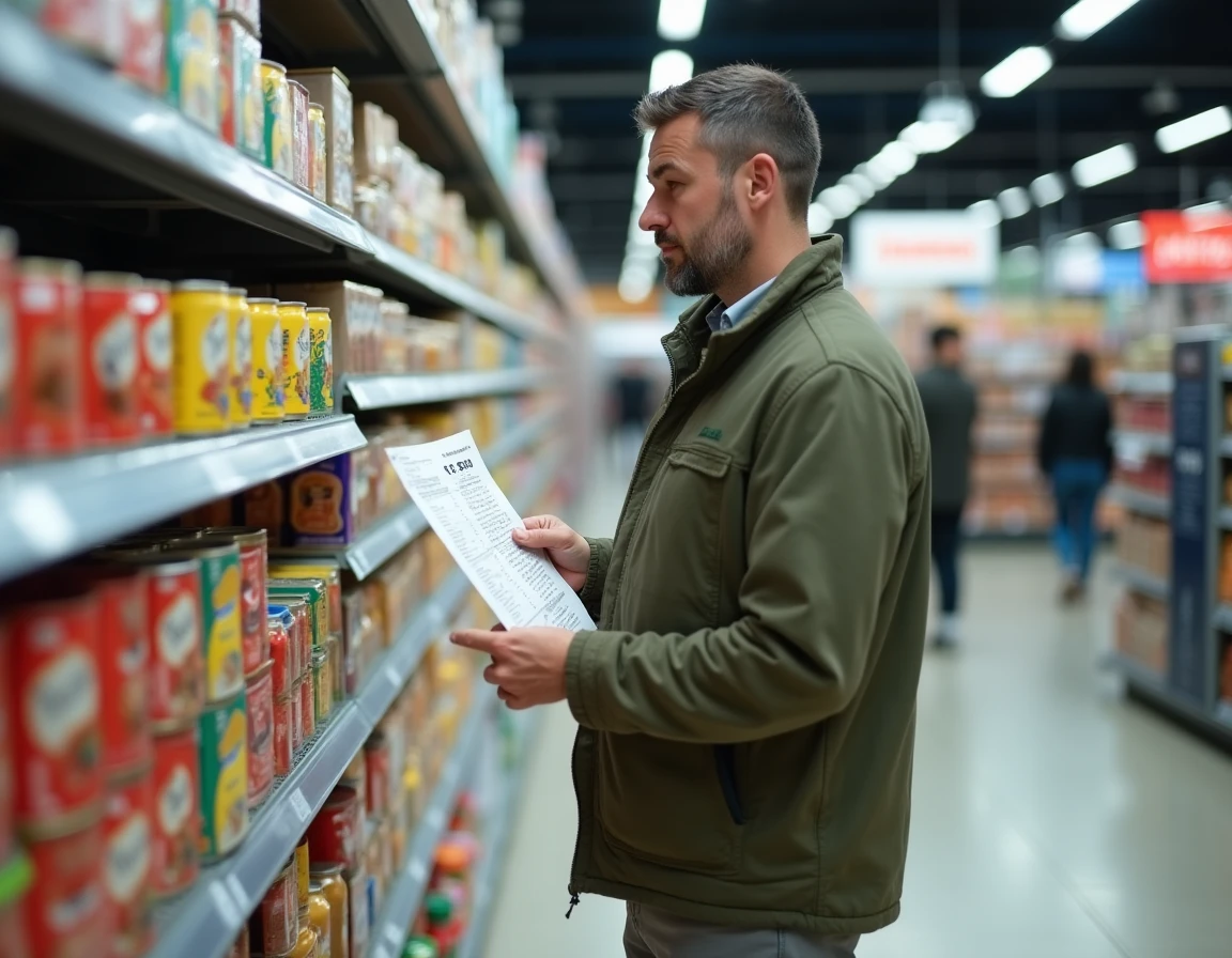 Homme comparant les prix dans un centre commercial transfrontalier à La Jonquera en Espagne