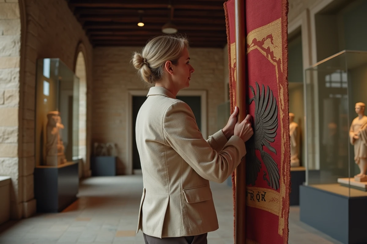 Conservatrice de musée devant un étendard romain SPQR avec aigle légionnaire en contexte muséal