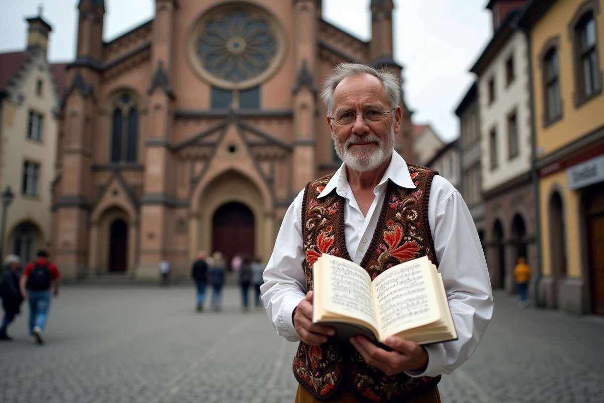 Homme en costume alsacien traditionnel tenant le livret de La Strasbourgeoise devant la cathédrale de Strasbourg