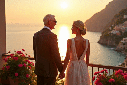Couple agee main dans la main sur la côte d Amalfi au coucher du soleil