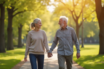 Vieux couple main dans la main dans un parc ensoleille