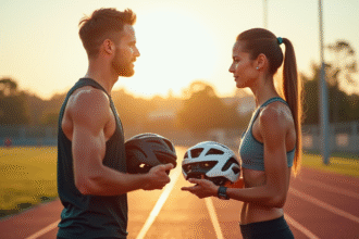 Couple de coureurs avec casques de course haut de gamme