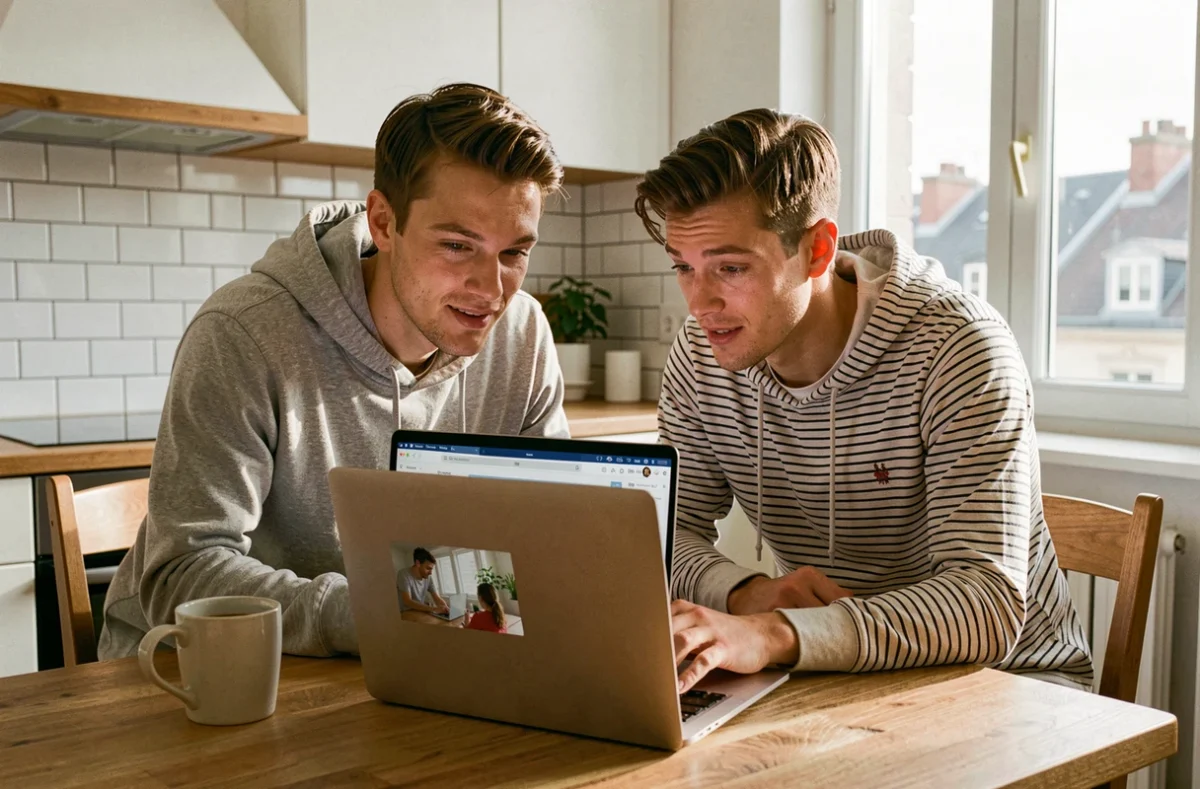 Couple planifiant leurs courses et sorties depuis leur cuisine en consultant un site de recherche de commerces ouverts à proximité