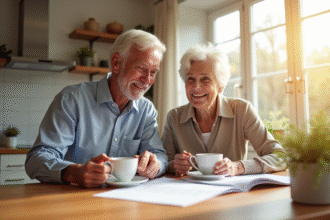 Couple souriant à la retraite dans la cuisine lumineuse