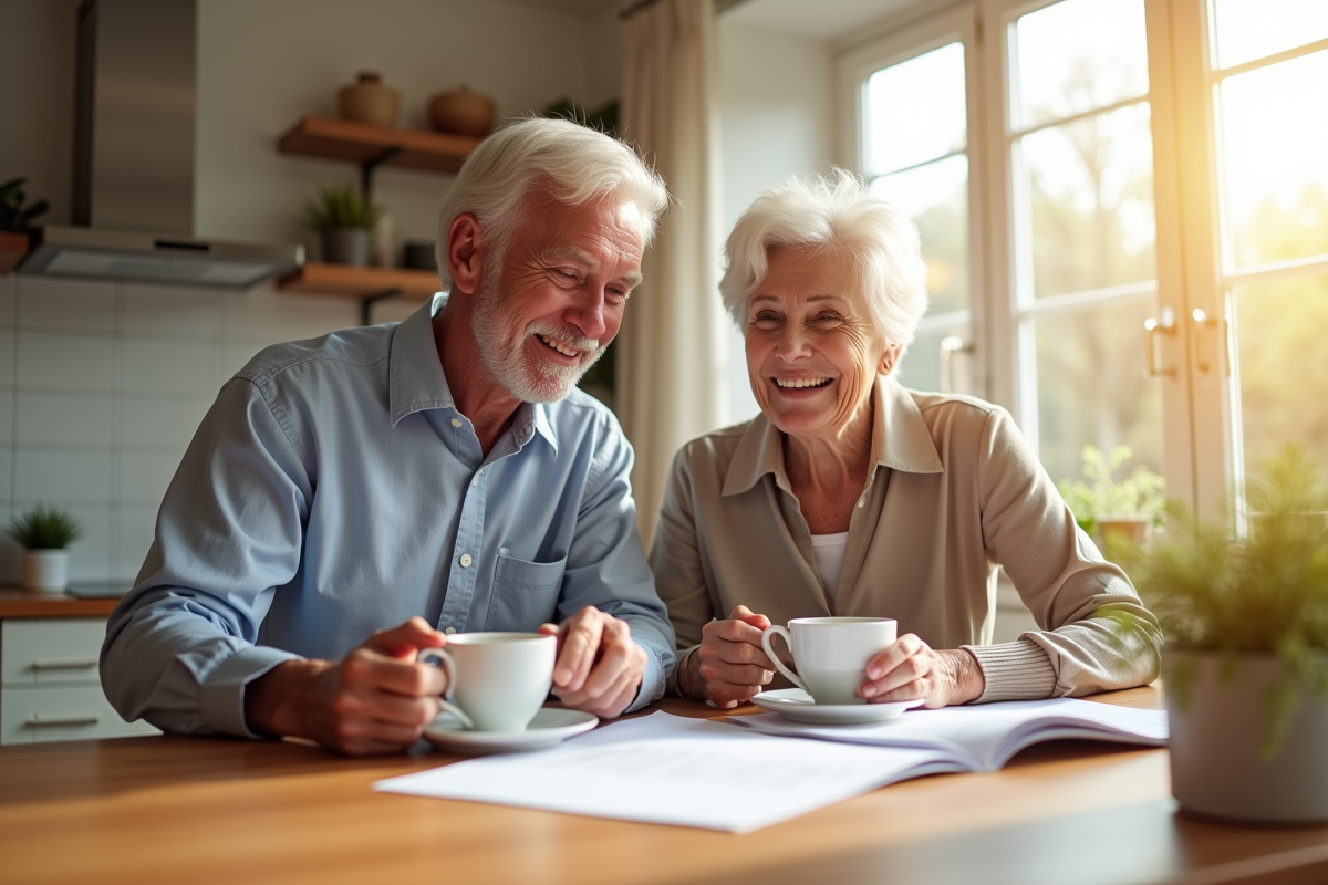 Couple souriant à la retraite dans la cuisine lumineuse
