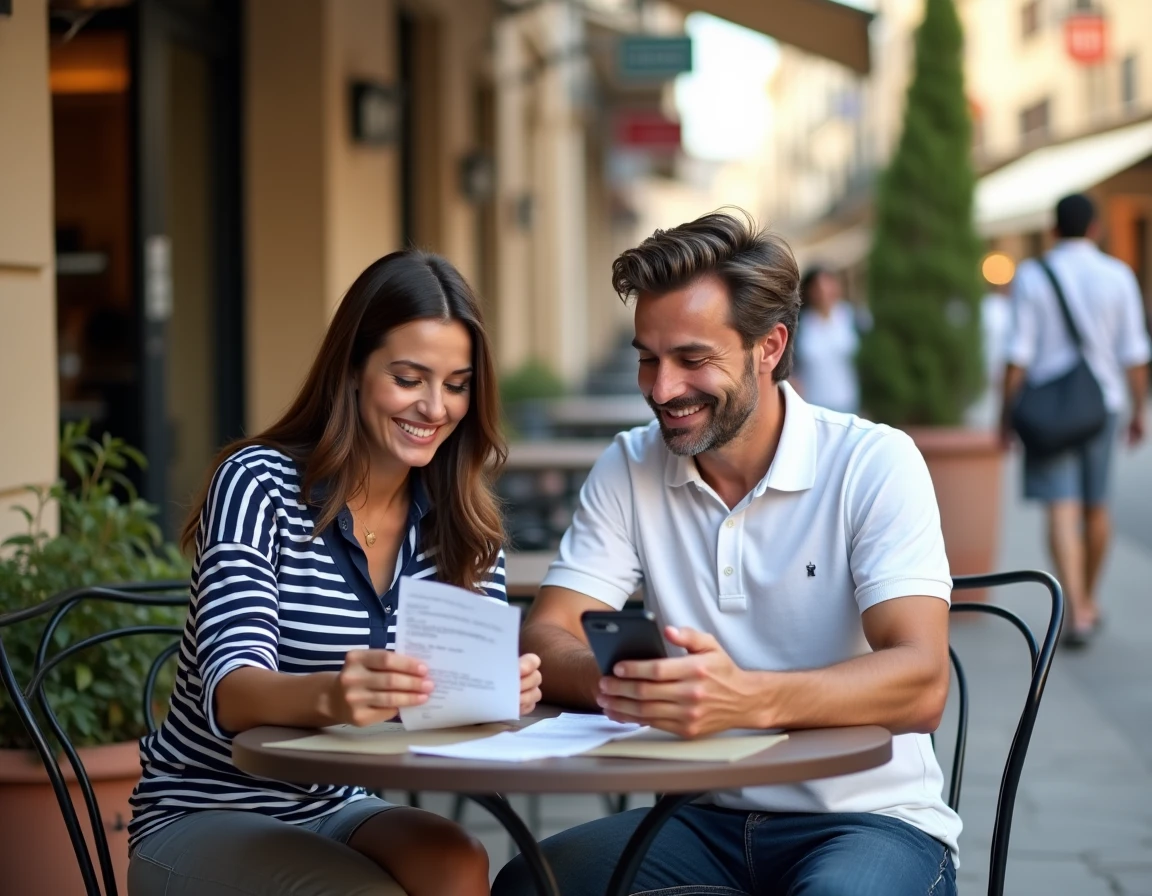 Couple vérifiant leurs achats et comparant les prix sur smartphone à une terrasse près de La Jonquera