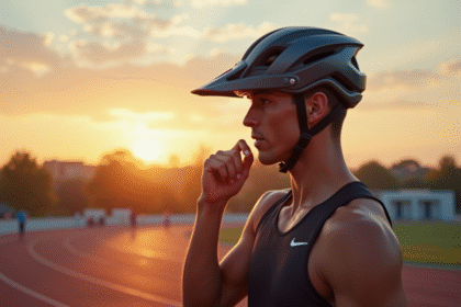 Coureur professionnel ajustant un casque de course moderne au lever du soleil