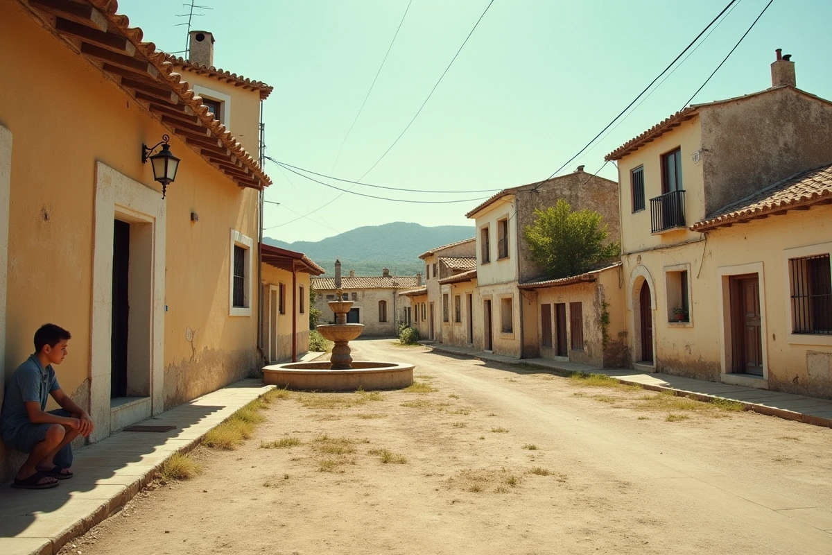 Place de village à Coursan dans l'Aude avec fontaine asséchée, café fermé, façades décrépites et terrain de pétanque désert