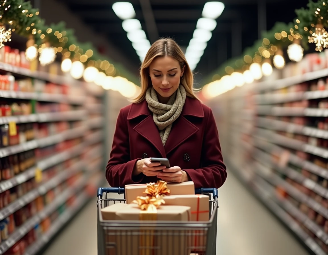 Femme faisant ses courses de Noël dans un supermarché ouvert le dimanche avec un caddie rempli de cadeaux emballés