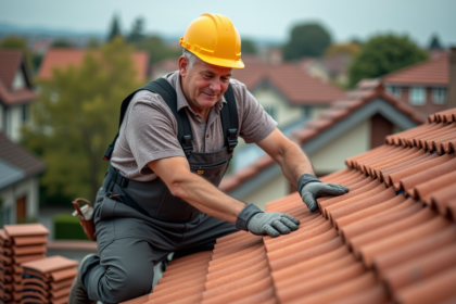 Charpentier couvreur posant des tuiles en terre cuite sur un toit résidentiel