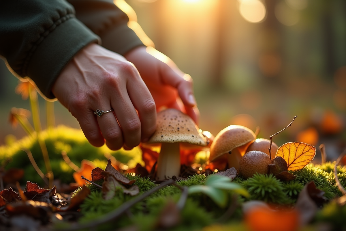 Mains cueillant une chanterelle dans la forêt au matin