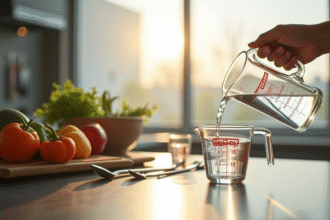 Cuisine moderne avec tasses de mesure et eau versée