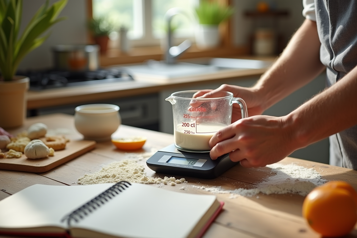 Cuisinier utilisant balance et ingrédients frais