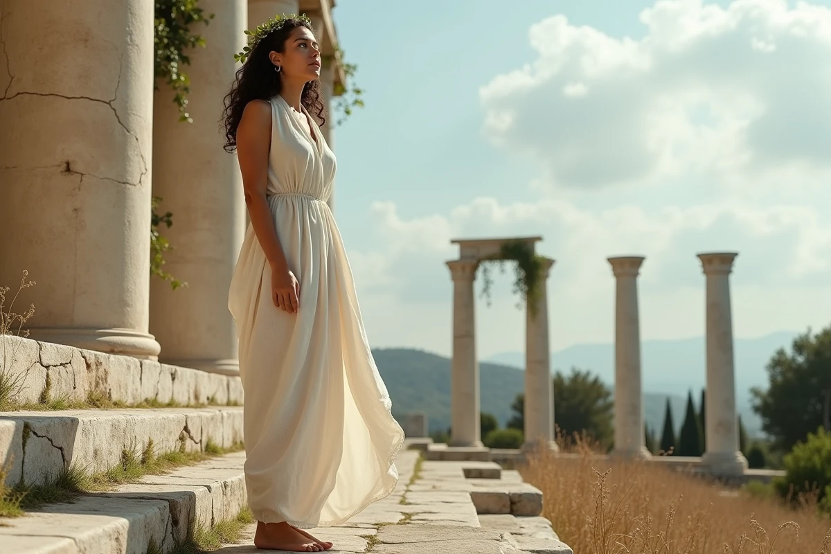 Femme en tenue grecque antique debout sur des marches de temple en marbre, illustrant la mythologie grecque et les déesses antiques