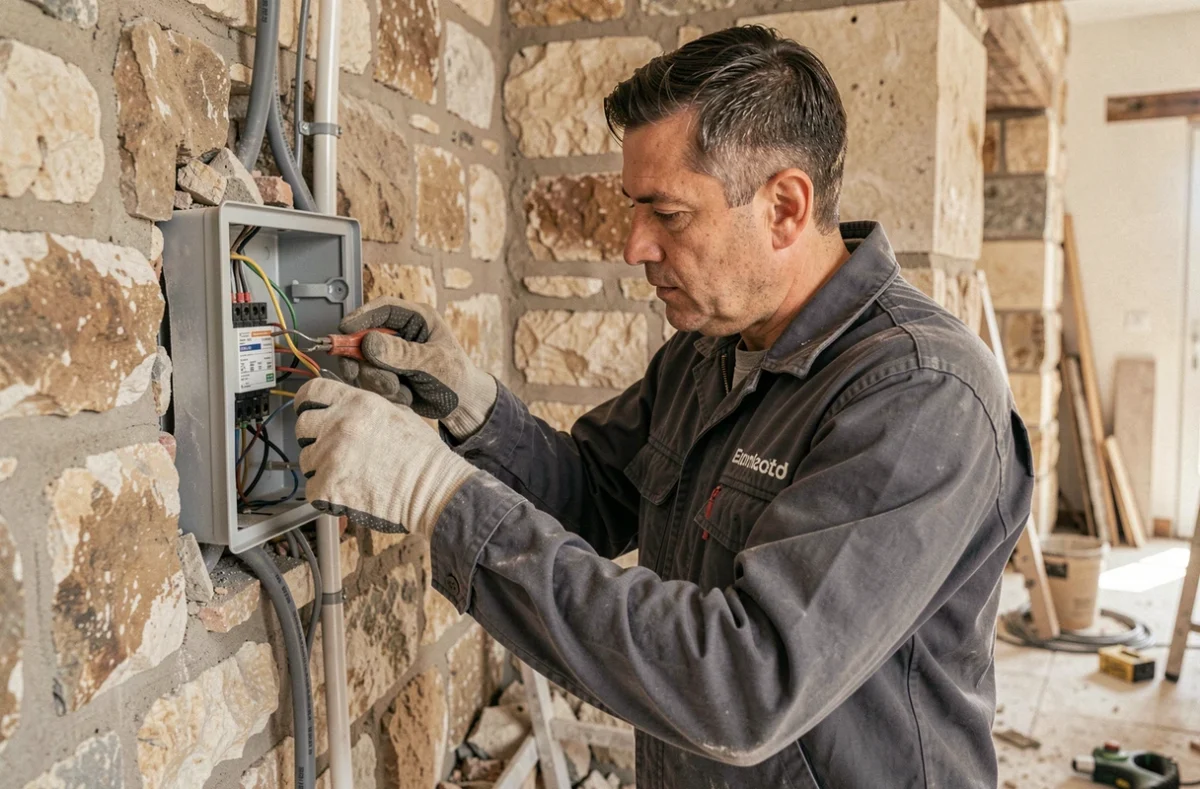 Électricien de Delacourt Renov effectuant une rénovation électrique dans un appartement aux murs en pierre apparente