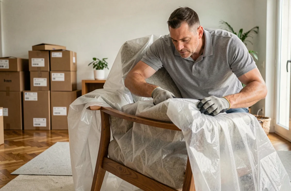 Déménageur emballant un fauteuil avec des couvertures de protection dans un appartement moderne à Saint-Nazaire