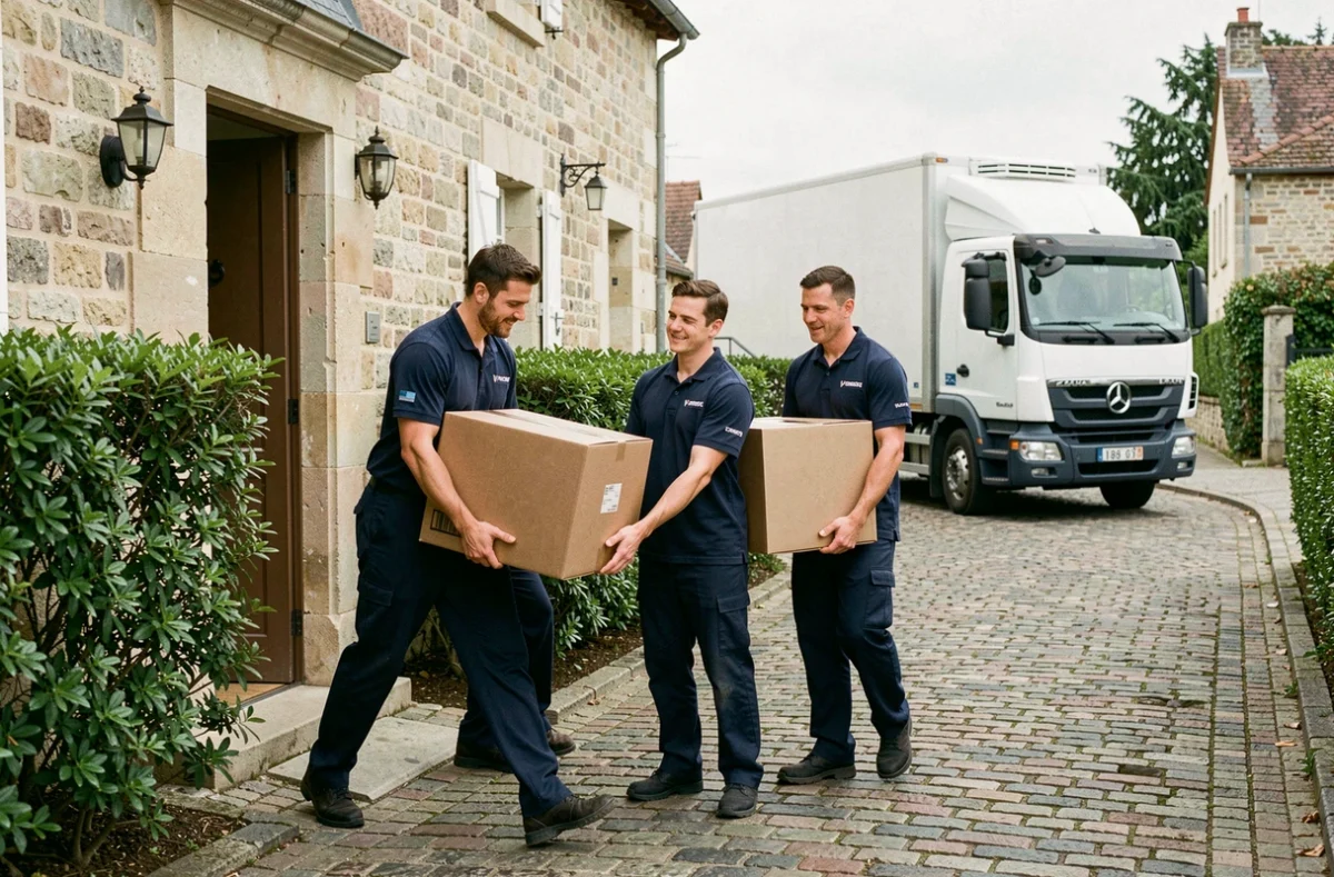 Équipe de déménageurs professionnels en uniforme transportant des cartons devant une maison en pierre à Nantes en Loire-Atlantique