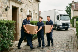 Équipe de déménageurs professionnels en uniforme transportant des cartons devant une maison en pierre à Nantes en Loire-Atlantique