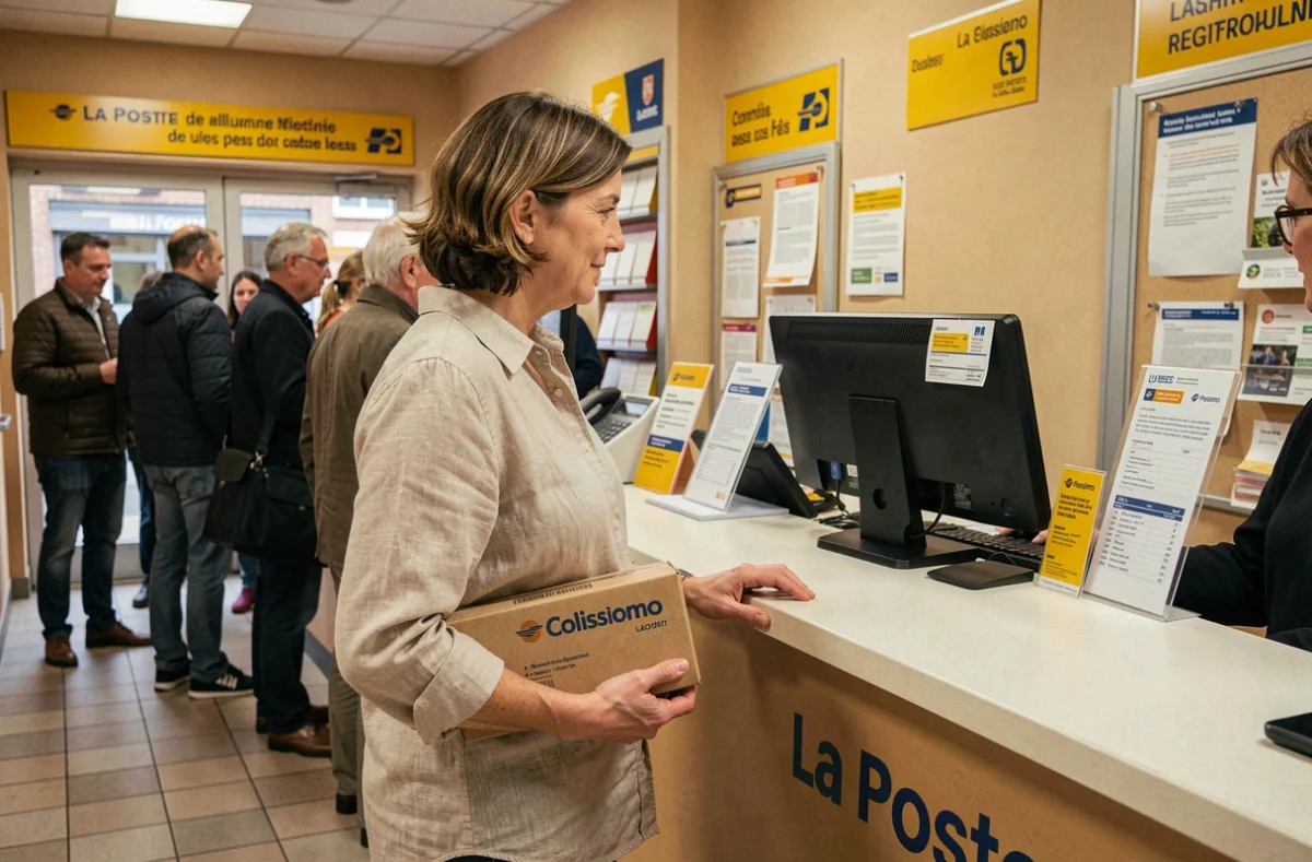 Femme déposant un colis Colissimo au guichet d'un bureau de poste en France pendant ses déplacements