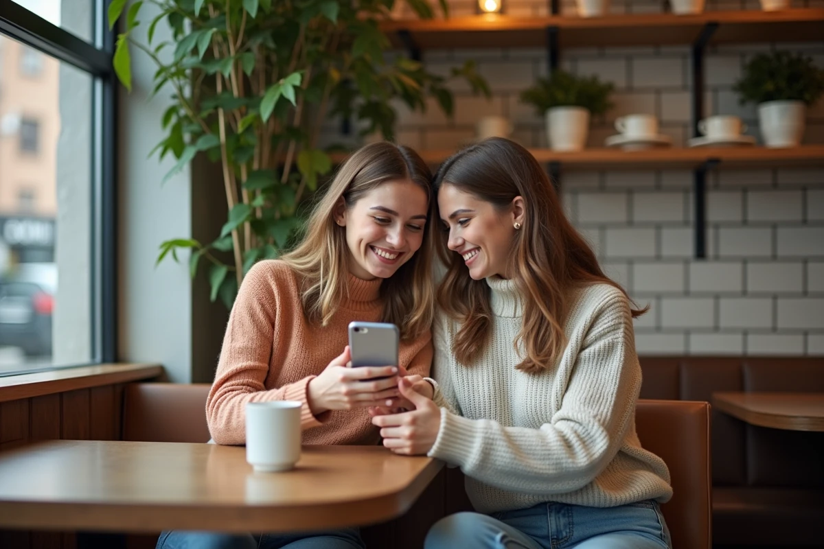 Deux jeunes femmes partageant leur streak Snapchat au café