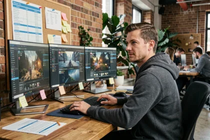 Développeur de jeux vidéo analysant un calendrier de sortie sur ses écrans dans un studio moderne