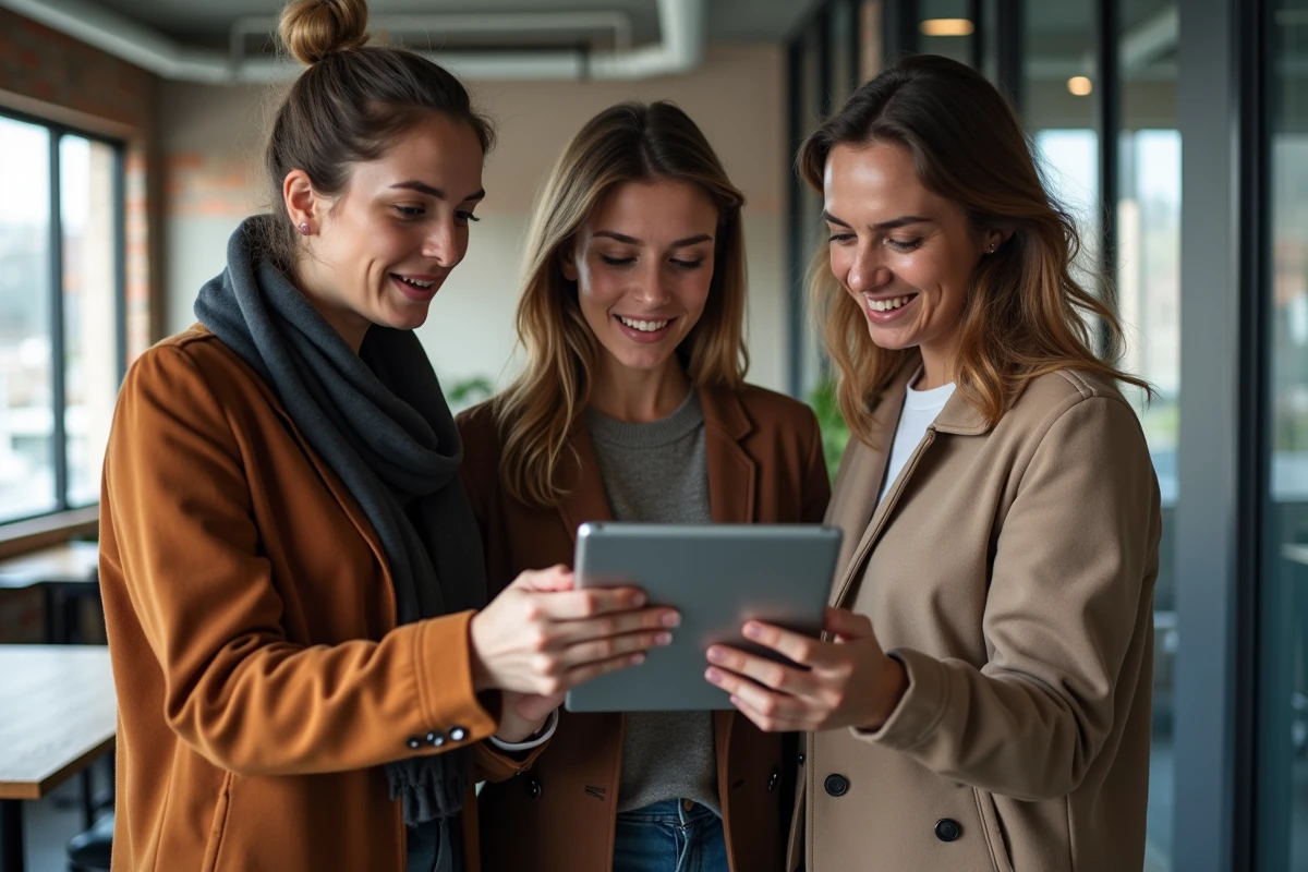 Groupe d'adultes discutant des fonctionnalités de sécurité et des limites d'une plateforme communautaire bisexuelle sur une tablette dans un espace de coworking moderne.