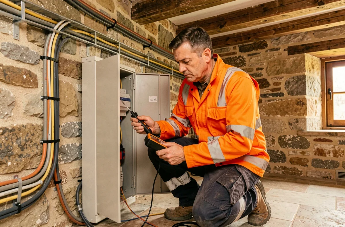 Électricien de Dordogne Élec Services effectuant un dépannage sur un tableau électrique dans une ferme en pierre