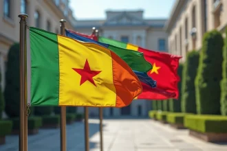 Trois drapeaux nationaux côte à côte : Guyane, Suriname et Cameroun avec leurs couleurs jaune, vert, rouge et étoile distinctive