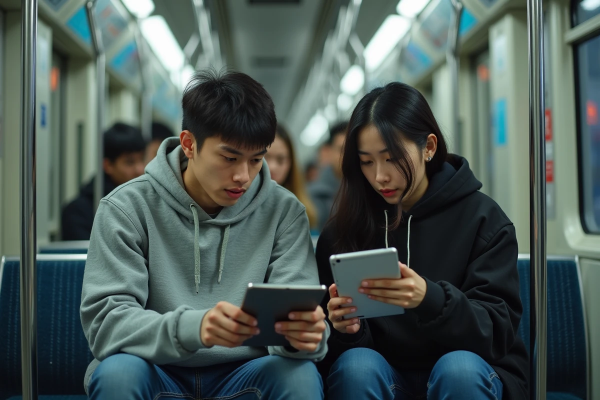 Deux jeunes adultes consultant ensemble les dernières mises à jour de séries manga sur une tablette dans les transports en commun