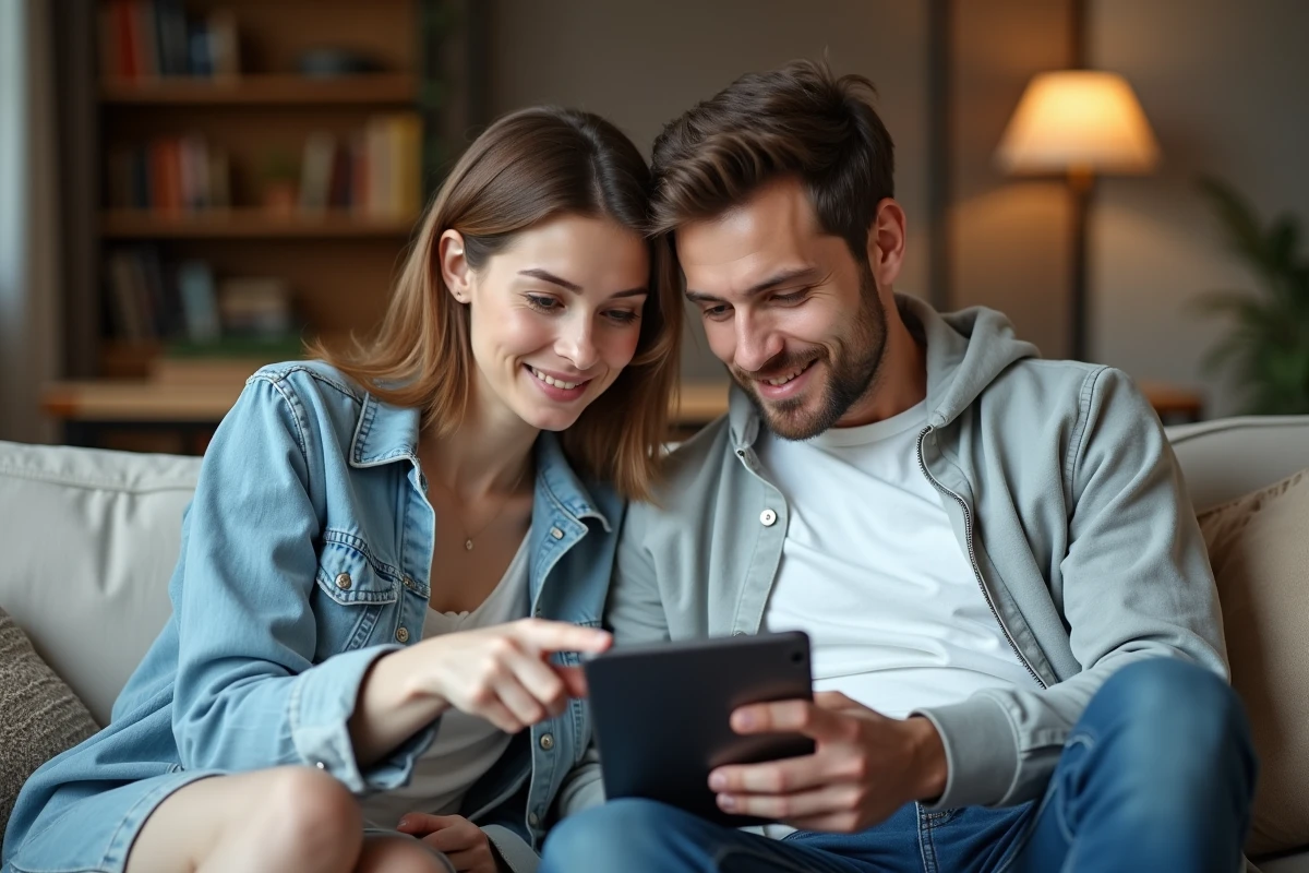 Deux utilisateurs découvrant ensemble les fonctionnalités de Tarbob sur une tablette numérique