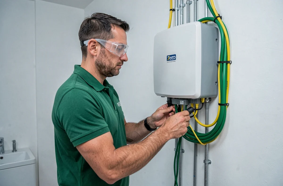 Technicien d'EDP Energy installant un onduleur solaire dans une maison moderne des Alpes-Maritimes