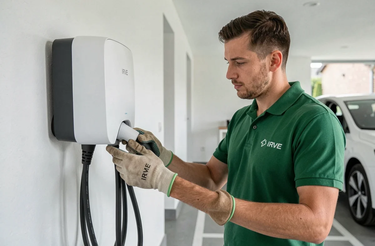 Électricien Elec 24 installant une borne de recharge IRVE pour véhicule électrique dans un garage résidentiel en Dordogne