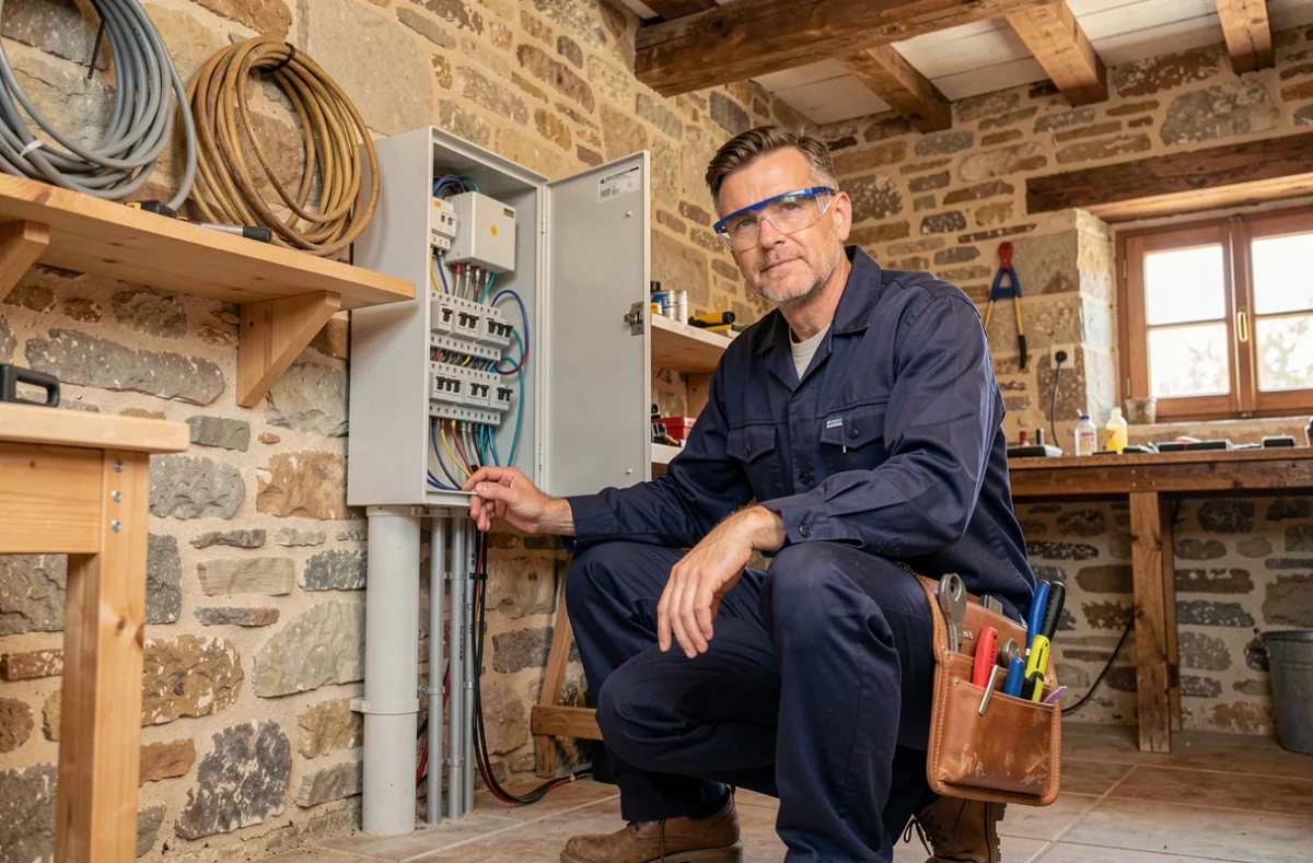 Électricien professionnel en Dordogne travaillant sur un tableau électrique dans un atelier aux murs en pierre calcaire