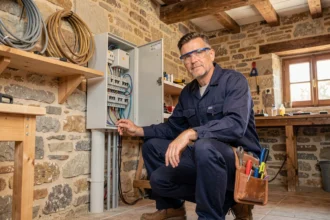 Électricien professionnel en Dordogne travaillant sur un tableau électrique dans un atelier aux murs en pierre calcaire
