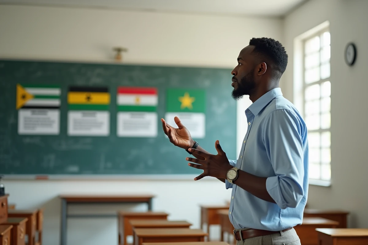 Enseignant expliquant les différences entre les drapeaux de la Guyane, du Suriname et du Cameroun dans une salle de classe