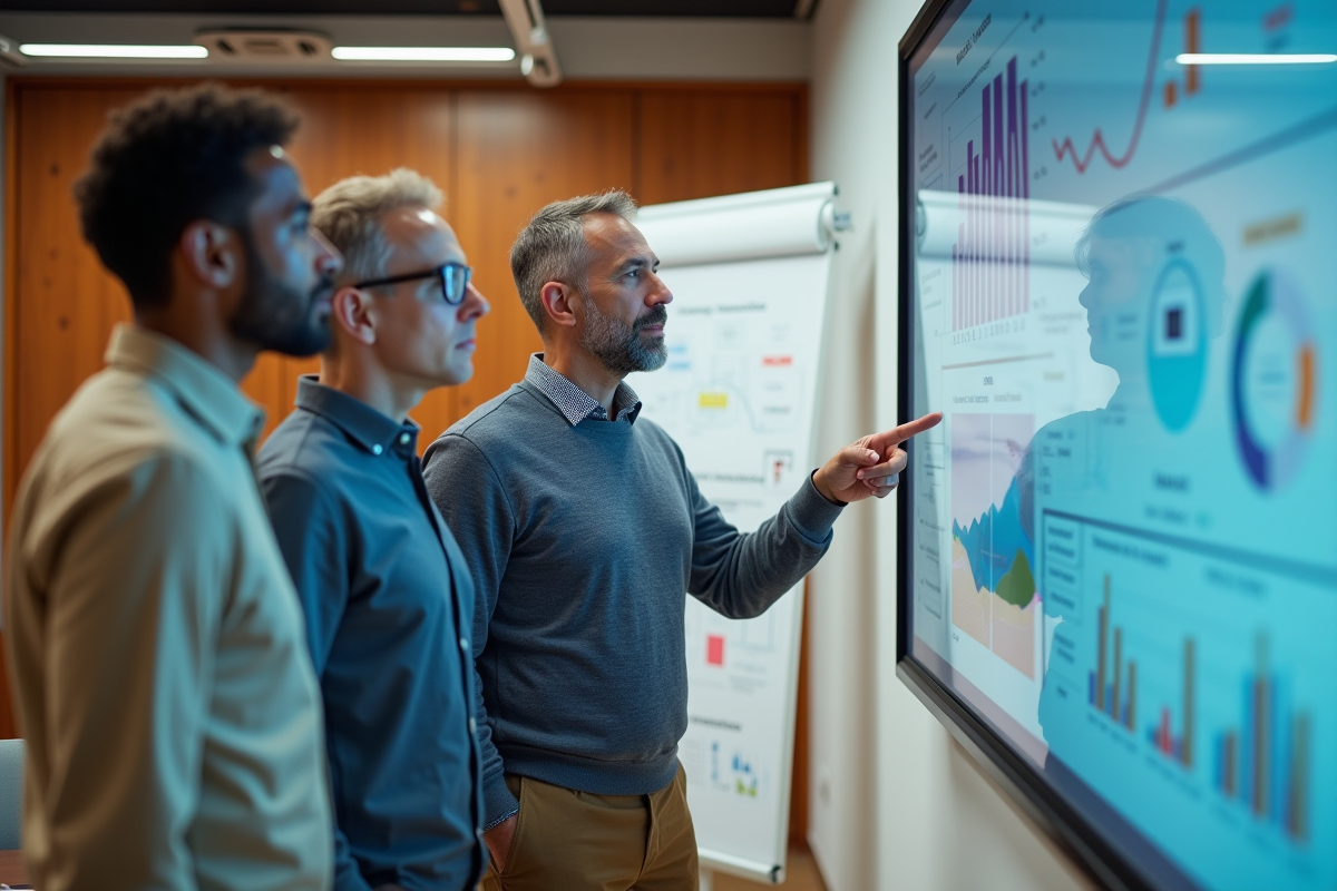 Equipe de collègues collaborant autour d’un tableau interactif