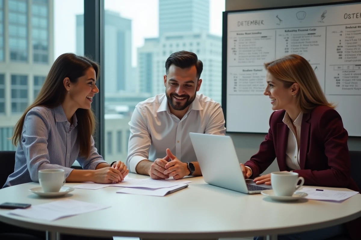 Équipe de communication collaborant sur un agenda éditorial 2026 autour d'une table de réunion