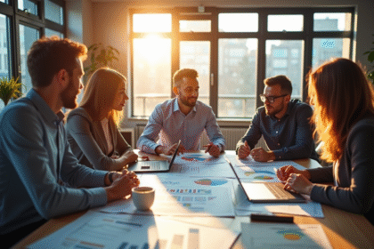Groupe de professionnels en réunion dans un bureau lumineux