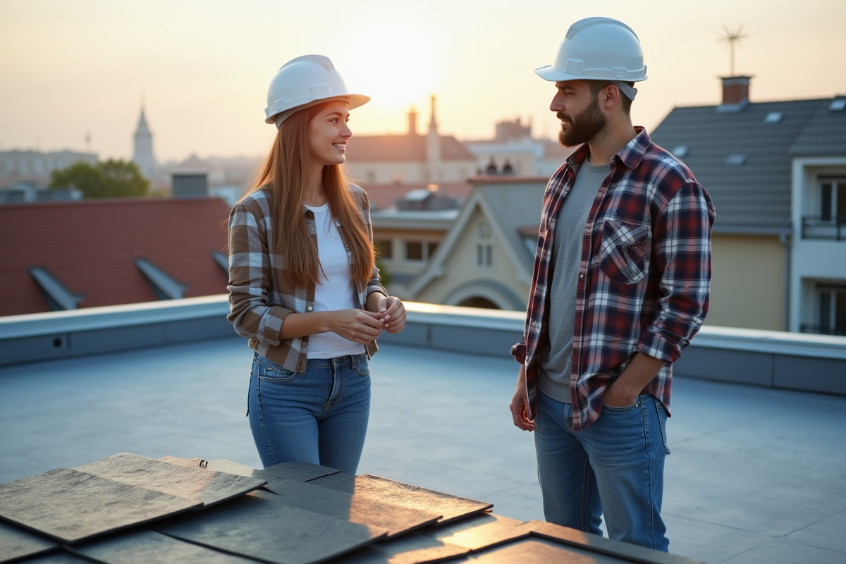 Jeune femme et couvreur examinant des échantillons de matériaux de toiture