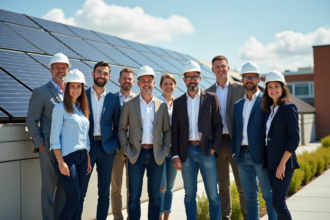 Équipes municipales et leaders avec panneaux solaires sur le toit