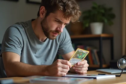 Homme examinant une carte Pokémon rare avec une pliure visible, erreur de conservation qui réduit sa valeur