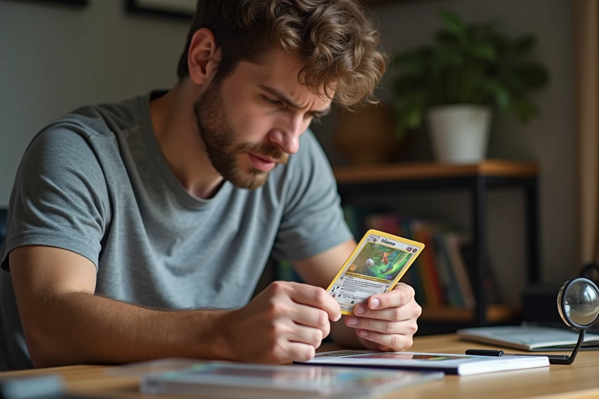 Homme examinant une carte Pokémon rare avec une pliure visible, erreur de conservation qui réduit sa valeur