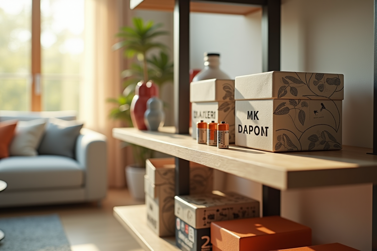 Etagère moderne avec boîtes de rangement et batteries