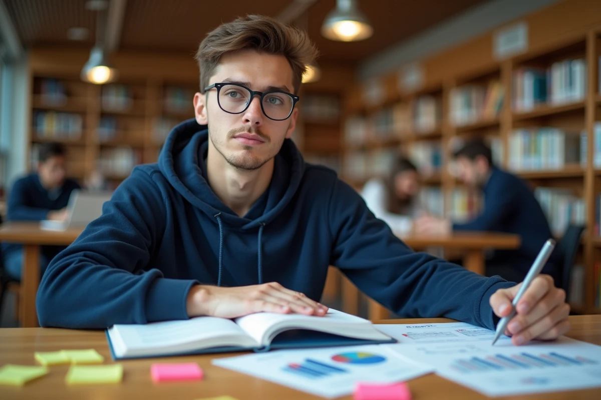 Étudiant universitaire révisant la définition d'un pays développé avec des fiches mémo et des graphiques économiques dans une bibliothèque